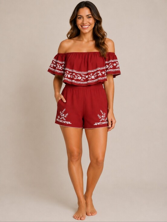 American Eagle Outfitters Pants - American Eagle Burgundy Romper Off the Shoulder Embroidery